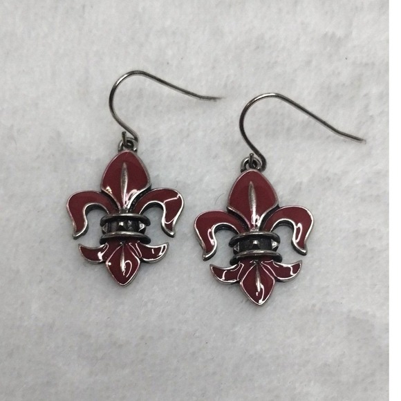 Grace Adele Jewelry - Grace Adele Red Enamel Fleur De Lis Dangle Earrings Silver Tone Fishhook Bin 4